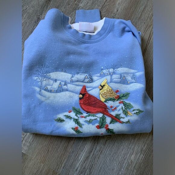 VTG Morning Sun Cardinal Snow Winter Sweatshirt Pullover Blue White Size L XL - Picture 8 of 9